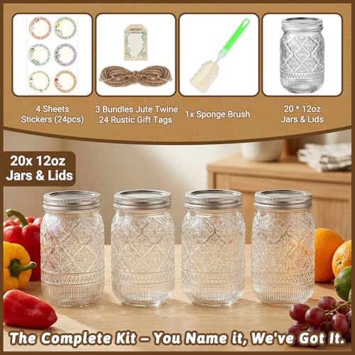 STARSIDE 12oz Glass Embossed Mason Jars 20-Pack with Airtight Split Lids - color: Clear04-12oz