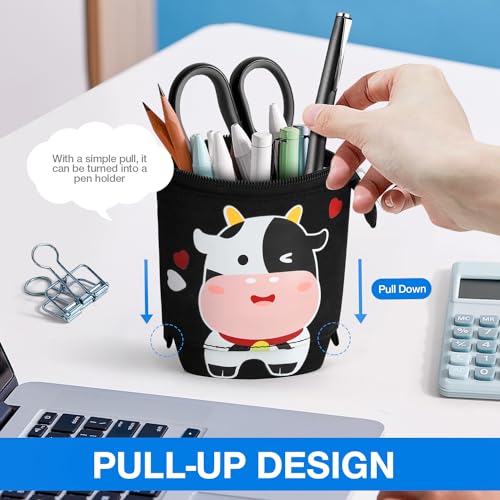 Cute Standing Pencil Case for Kids, Pop Up Pencil Box Makeup Pouch, Christmas Gift Kids Canvas Pen Holder Organizer Cosmetics Bag, Kawaii Stationary (Baby Cow) - color: Baby Cow