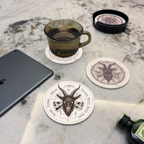 Satan Goat Skull Coasters for Drinks with Holder Leather Coasters Set of 6 for Coffee Table - color: Satan Goat