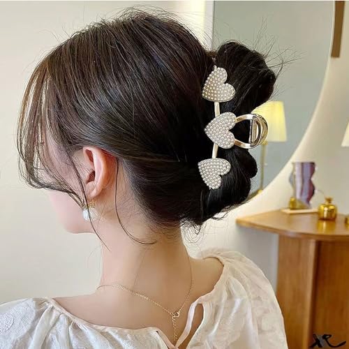 Pearls Heart Hair Clips Valentines Day Hair Accessories for Women Girls Pearl Gold Metal Hair Claw Clips Shiny Hearts Hairpins Strong Hold Hair Clip for Thick or Thin Hair Decoration 1 Pcs - color: A