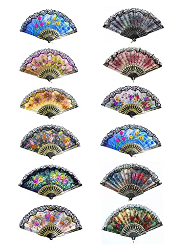 Spanish Folding Hand Fan,Handheld Fans Summer Vintage Dancing Party Hand Fans for Girls Women (12 PCS, Random Pattern)