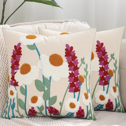 LUOYEHK Embroidered Throw Pillow Covers 18x18 Inch Set of 2 Spring Flower Decorative Pillow Cover Summer Boho Cushion Pillowcase for Couch Sofa Bed Living Room, Daisy Lavender - color: Daisy Lavender