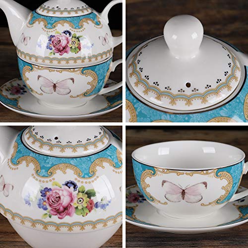 fanquare English Blue Porcelain Tea for One Set, Floral Teapot with Cup