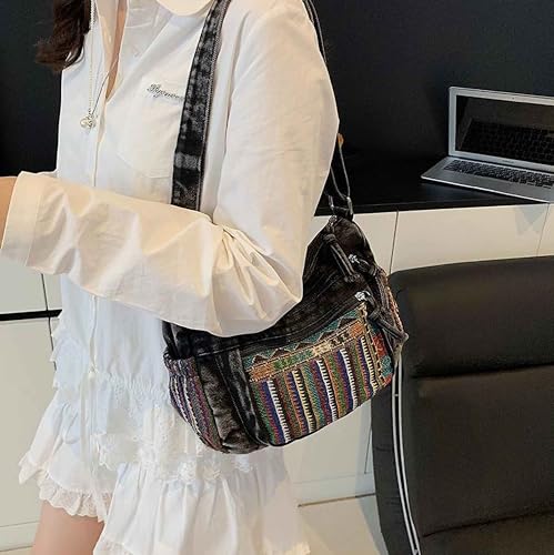 Black Denim Purse Crossbody Bags, Boho Hobo Crossbody Bags for Women, Casual Hippie Travel Purse with Lots of Pockets - color: Black