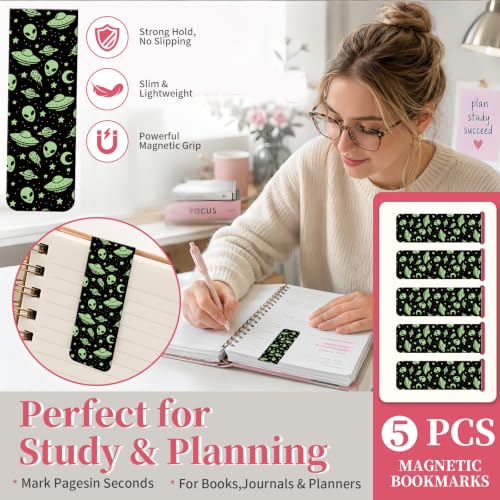 5 Pieces Magnetic Bookmarks, Cute Magnet Bookmark Clips, Colorful Page Markers for Books, Reading Supplies for Book Lovers, Women and Men Cute Green Aliens Spaceships - color: Cute Green Aliens Spaceships