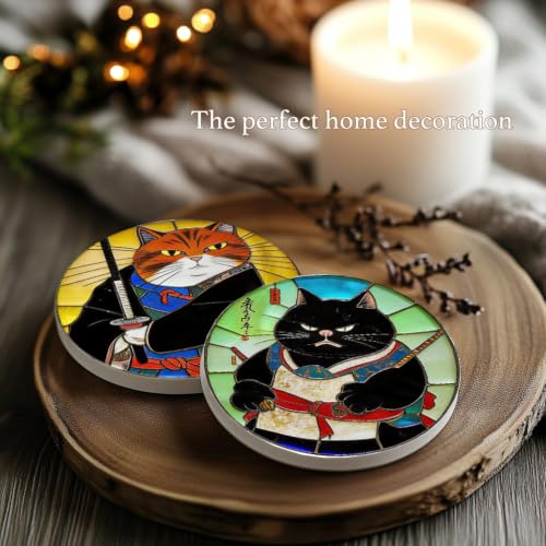 Nikyi 6 Pcs Cat Ceramic Absorbent Coasters, Round Drink Coaster with Metal Holder and Cork Base, for Coffee Table Kitchen Bedroom Living Office Desk Home Decor or Funny Gifts - color: Cat Ninja