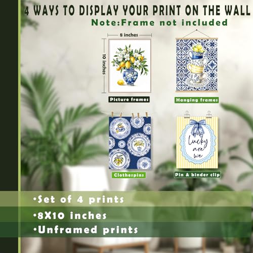 LUKIPOM Chinoiserie Lemon Summer Wall Art Posters Set of 4,Amalfi Coast Grandmillennial Home Decor,Blue and White Porcelain Lemon Tree Prints Artwork for Kitchen Wall Decor, 8x10 Unframed - color: Color 016