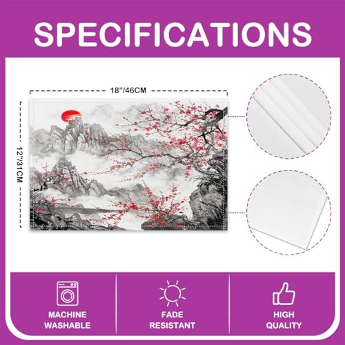 Feelyou Cherry Blossoms Placemats Set Set of 4 18"x12" - color: Black Red