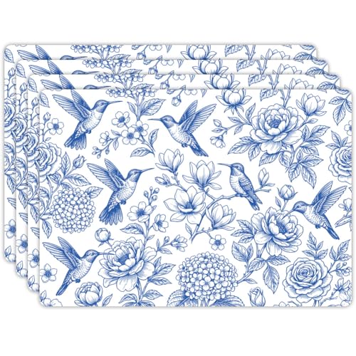 Peacoblue Placemats Set of 4,Faux Leather Blue Bird and Flowers Design - style: Blue Bird and Flowers