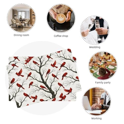 Winter Cardinal Christmas Placemats Set of 4, Vintage Red Birds Decorative Linen Place Mats, Washable Heat Resistant Table Mats for Seasonal Christmas Holiday Kitchen Dining Home Decor - color: Cardinal