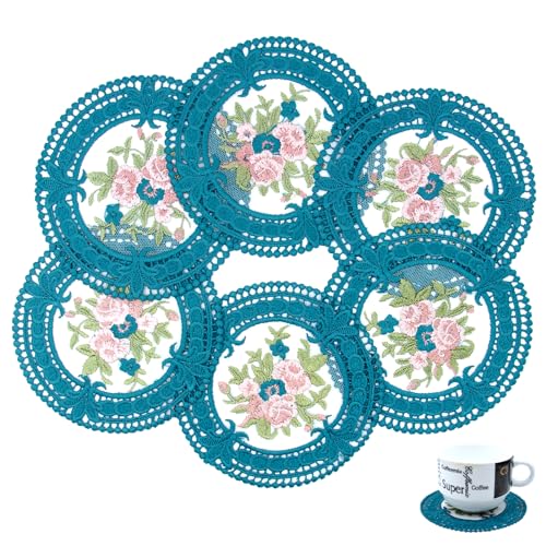 4.5'' 8pk Embroidered Floral lace Coasters, Cloth Crocheted Vintage doilies for Crafts, Small Round Teal Lace Embroidery Coasters for Tea Cups, Home Decoration, Wedding (Peacock Green) - color: Peacock Green