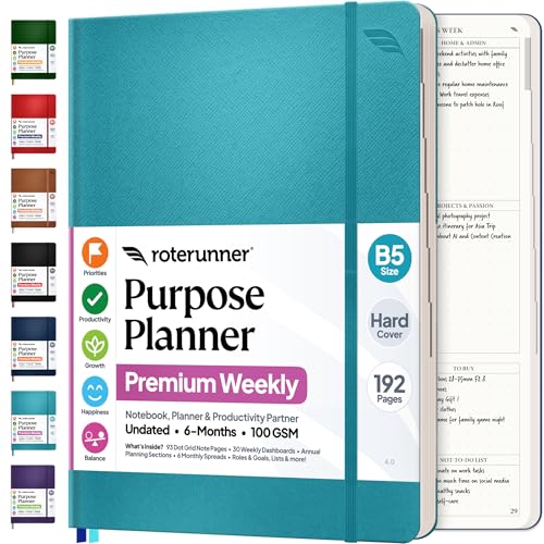 Purpose Planner Notebook B5 Hardcover 7.5”x9.8”- Teal Undated Daily, Weekly, and Monthly 2026 - Productivity & Goal Setting Tool for Work, Home, and Self-Care - ADHD & Journal for Adults - color: Teal, style: B5 Hardcover