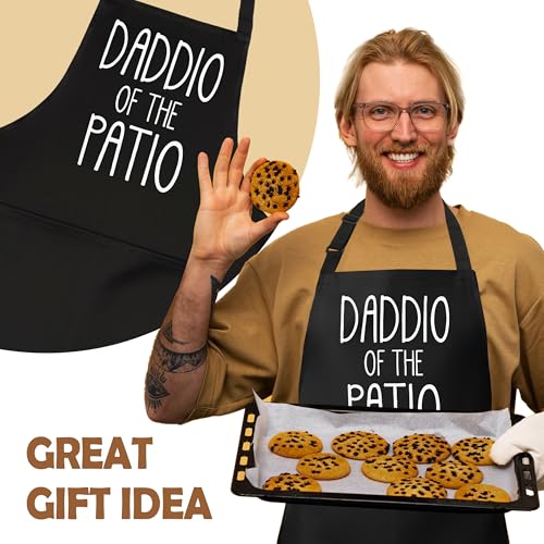 Daddio Of The Patio Funny Aprons for Men with 2 Pockets, Cooking Apron for Dad, Gag Gifts for Men, Adjustable BBQ Grilling Apron for Husband, Chef Kitchen Gifts for Birthday & Father’s Day - A03 - color: Daddio of the Patio