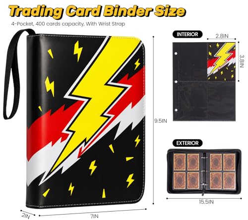 4 Pocket Card Binder, 400 Pockets Card Collection Book with 50 Removable Sleeves, 3-Ring PU Leather Trading Card Album for Game & Sports Cards - Portable Zipper Binder for Boys Kids - color: Yellow, red, white