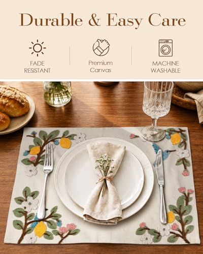 Embroidered Placemats Set of 6-13"x 18" 6PCS Embroidered Rustic Washable Fabric Place Mats Farmhouse Boho Dining Table Mats Dinner Placemats, Lemon Bird - color: Lemon Bird