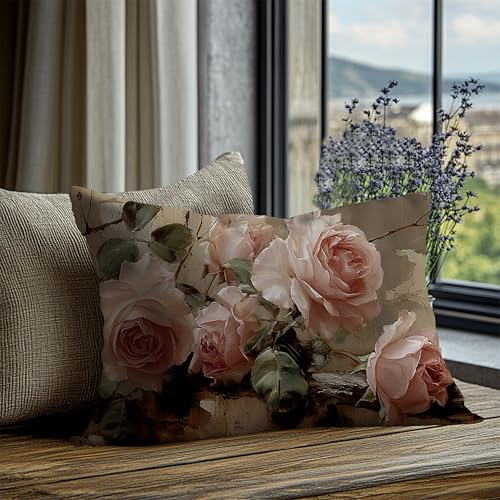 Vintage Pink Rose Floral Throw Pillow Covers Decor 12x20 Inch - color: A-rose-1, size: 20" x 12" (Pack of 1)