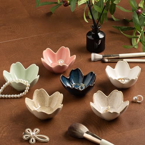 Floral Ceramic Jewelry Tray, 3.5" Ring Holder Trinket Bowl - color: cyan