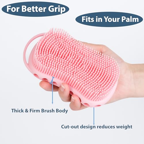 MtBoi Double-Sided Exfoliating Silicone Body Scrubber, 2-in-1 Bath Scrubber, Shampoo Brush, Silicone Loofah for All Skin Types, Shower Body Scrubber, Easy to Clean, Lather Well (Pink) - color: Pink