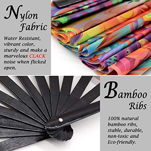 OMyTea Large Bamboo Rave Festival Folding Hand Fan for Men/Women - Chinese Japanese Handheld Fan with Fabric Case - for Electronic Dance Music Party, Performance, Decorations, Gift (Fantasy Flowers) - color: Fantasy Flowers