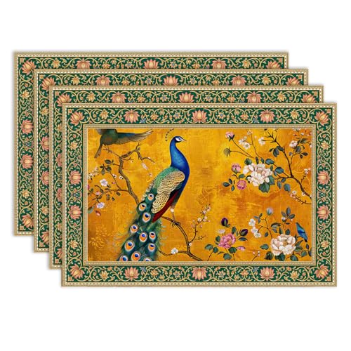 Vintage Peacock Luxury Floral Bird Placemats Set of 4, 12x18 Inch - color: Floral Bird05, size: 4pcs