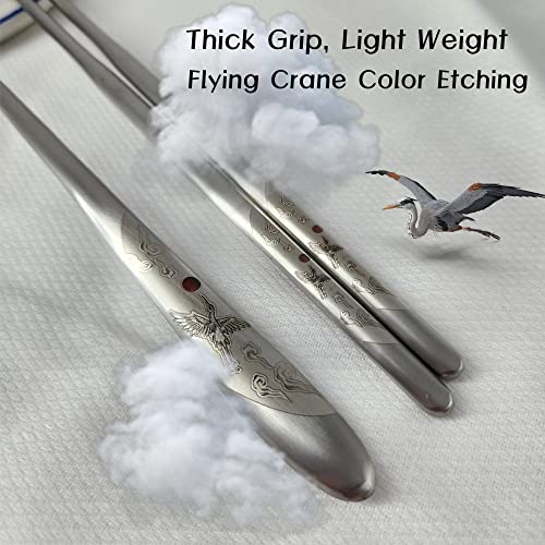 [VACUUM][2 Sets][Made in Korea] Flying Crane Design Spoon and Chopsticks Set, Vacuum Light Weight Cutlery, 304 Stainless Steel Flat Chopsticks Matt Surface Flatware (White 2 Sets)