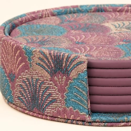 Art Deco Coasters Set of 6 with Holder, Pink and Teal - color: Pink and Teal
