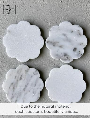 Marble Coasters Set of 4, Handcrafted Drink Protectors, Natural Stone Coaster Bar & Table Decor, Modern Desk Aesthetic Accessories, Non-Slip Luxury Gift (Marble White Round Scalloped)