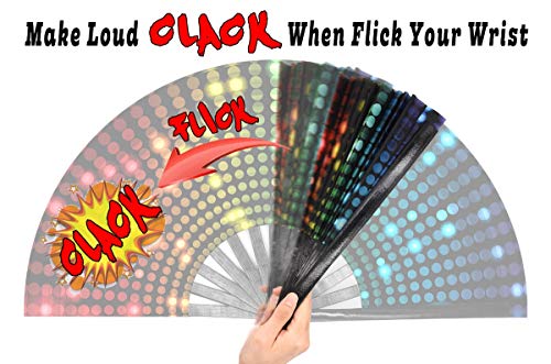 OMyTea Large Rave Clack Popping Fan for Line Dancing - Boots on The Ground Folding Hand Fan - for EDM, Music Festival, Hot Flashes, Party, Decoration (Disco Lights Dots) - color: Disco Lights Dots