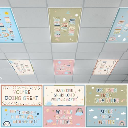 Wiooffen 6 Pcs Fluorescent Light Covers with 60 Magnets Decorative for Classroom Ceiling Light 4 x 2 Feet Magnetic Light Covers Filter Easy Install for Office Hospitals & Home (Boho Motivational) - color: Boho Motivational