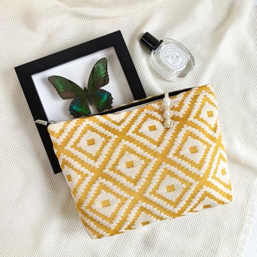 STARDW Parallel Checkered Makeup Bag Travel Cosmetic Pouch for Women - color: Embroidery Yellow