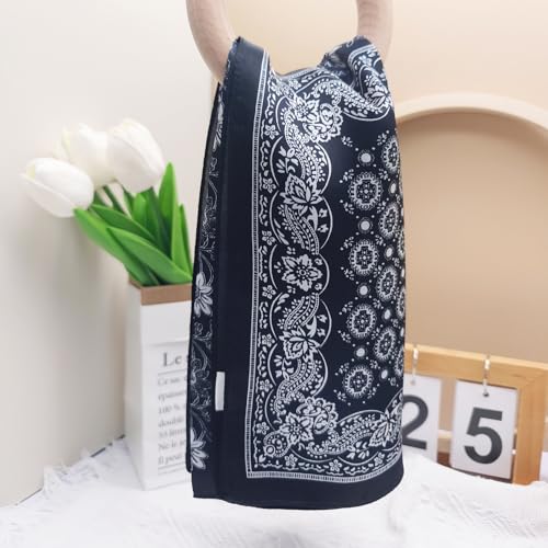100% Mulberry Silk Neck Scarf for Women Square Neckerchief – 21 inch - color: Black Pattern