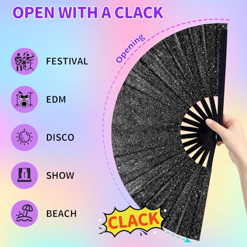 EOSAU Large Glitter Rave Fan, Folding Hand Fans for Line Dancing, Black - color: 13" Black 01