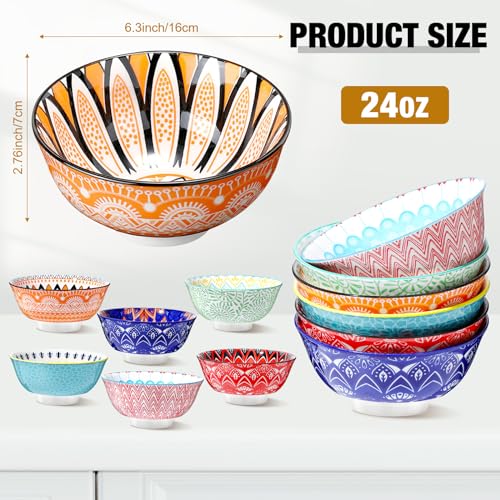 FillTouch 6 Pack 24 oz Ceramic Bowl Set Ceramic Dessert Bowls for Kitchen Serving Dishes Soup Salad Pasta Ramen Cereal Rice Colorful Design Microwave and Dishwasher Safe, 6.25''