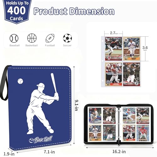 Baseball Card Binder, 400 Pockets, Protective Trading Card Album - color: Baseball-Blue, size: 400 Pockets