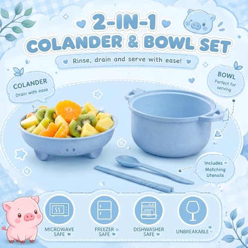1 Set Large 45oz Cute Pig Ramen Bowl Set Microwavable, Nordic Blue - color: Nordic Blue