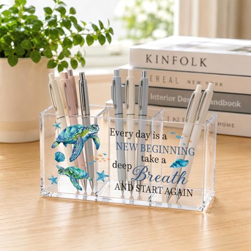 Every Day Is a New Beginning Turtle Acrylic Pen Cup 3 Compartments - color: Transparent046