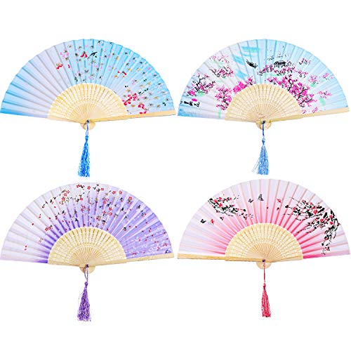 Zonon 4 Pack Hand Held Folding Fans for Women Silk,Classic - style: Classic