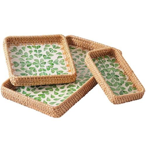 Set of 3 Rattan Serving Trays with Mother of Pearl, Terrekraft - color: Green Leaves