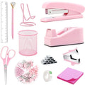 Pink Office Supplies, Pink Desk Accessories, Stapler, Staple Remover, Tape Holder, Pen Holder, Ballpoint Pen, Scissor, Binder Clips, 1000pcs Staples, Phone Holder, Ruler, Transparent Glue and Notes - color: Pink
