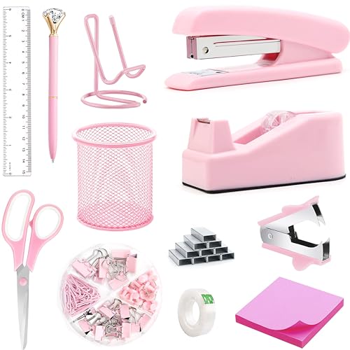 Pink Office Supplies, Pink Desk Accessories, Stapler, Staple Remover, Tape Holder, Pen Holder, Ballpoint Pen, Scissor, Binder Clips, 1000pcs Staples, Phone Holder, Ruler, Transparent Glue and Notes - color: Pink