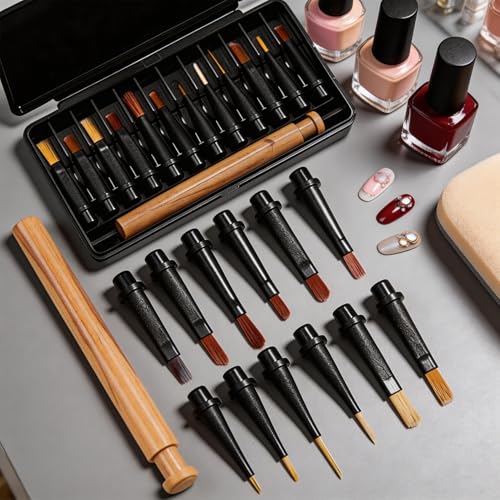 12 Pcs Nail Polish Brush Set, Replaceable Nail Art Brushes Heads Kit with Wooden Handle for Gel Nail Polish, French Tip, Liner Painting, Home Salon DIY Manicure Use