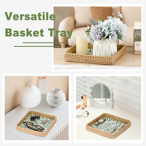 Key Basket Bowl for Entryway Table, Decorative Small Wicker Tray - color: Green, size: 8.3" x 8.3" x 1.6"