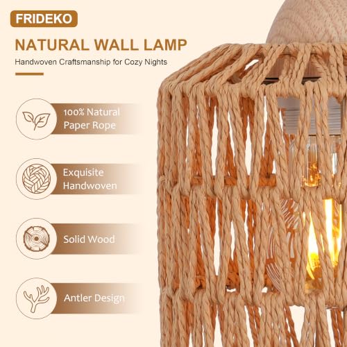 Frideko Rattan Wall Lamp with Plug in Cord Hand Woven Plug in Wall Sconces Paper Rope Wall Light Farmhouse Wall Sconce Wall Mounted Light Boho Wall Sconces Wall Lighting for Bedroom Living Room - color: Brown(1PC)