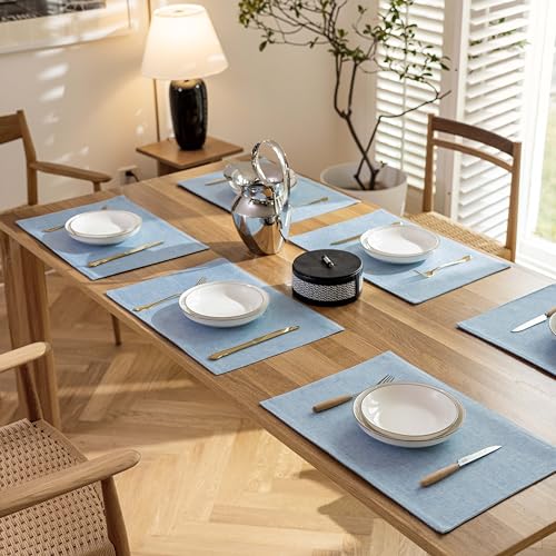 Demetex Placemats Set of 8 Heat Resistant Blue Placemats Soft Washable Linen Place Mats Table Mat for Dinner Gathering Banquet, 13x19 inch, Blue - color: Blue, size: Placemats set of 8