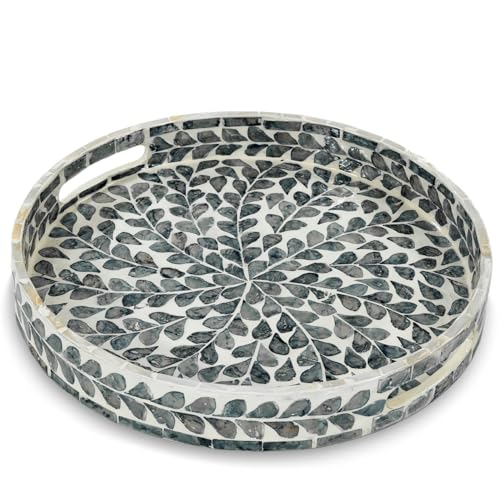Serving Tray 12.5 Inch, Lacquer Mother of Pearl Inlay Mosaic Tray, Round Wooden Marble Tray with Handles Trays for Tea, Breakfast (Black Leaf) - color: Black Leaf