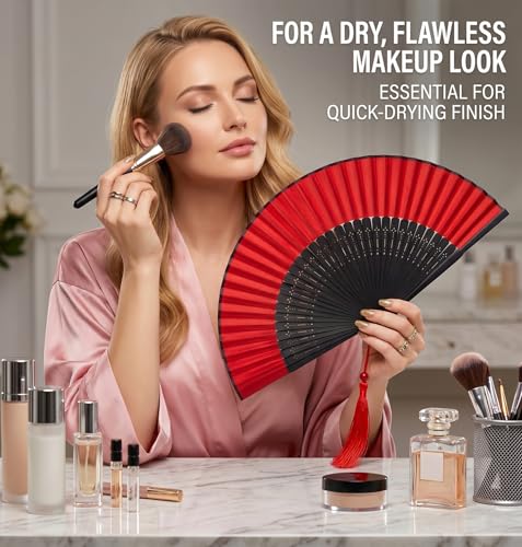 Japanese Folding Hand Fan for Women - Bamboo Silk Handheld Foldable Fan with Tassel & Pouch for Hot Flashes, Rave, Church, Gift,Wedding - Whisper-Quiet, Purse Size (Black-Red) - color: Black-red