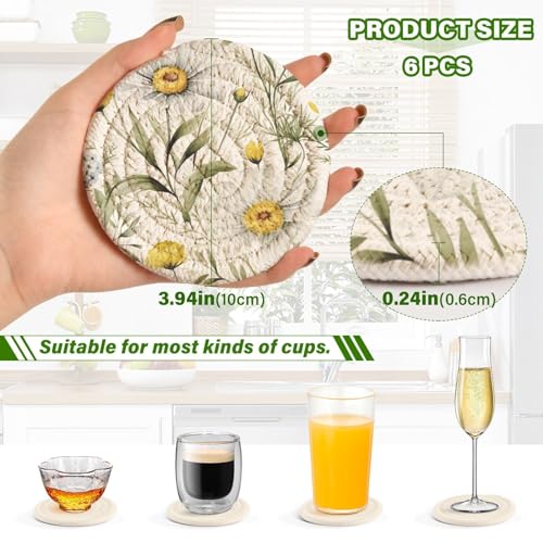 Wildflower Daisy Drink Coasters Set - 6 Pcs Minimalist Woven Coasters with Holder for Home Decor, 3.94 Inch Absorbent Coasters for Drinks - color: A02