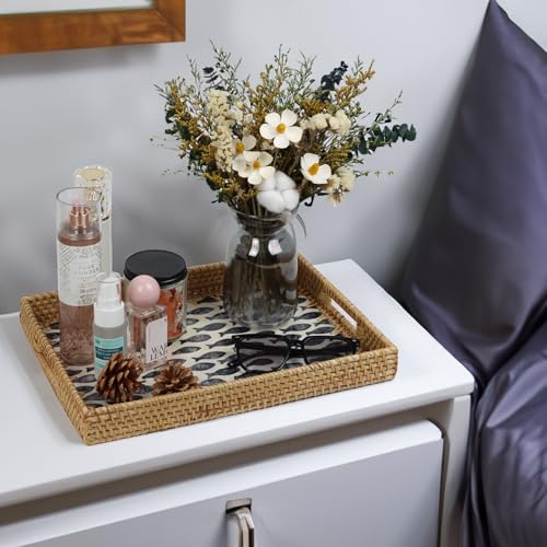 Rectangular Rattan Serving Tray with Mother of Pearl Inlay, Black Fish - color: Black Fish