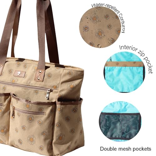 Weekender Bag Carry On Bag Overnight Tote Travel Duffle with 13 Pockets for Travel,Work，Gym,Beach,Teacher,Nurse - color: Corduroy Brown daisy