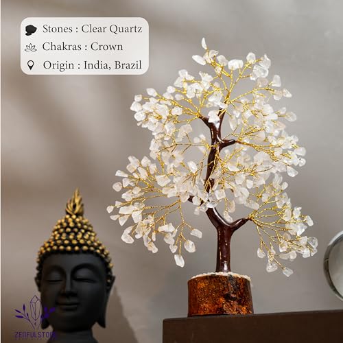 Clear Quartz Tree of Life for Home, Office, and Desk Décor | Handmade Bonsai for Clearity, Positive Energy & Focus | Perfect Concentration Gift for Mom - color: Clear Quartz Golden Wire